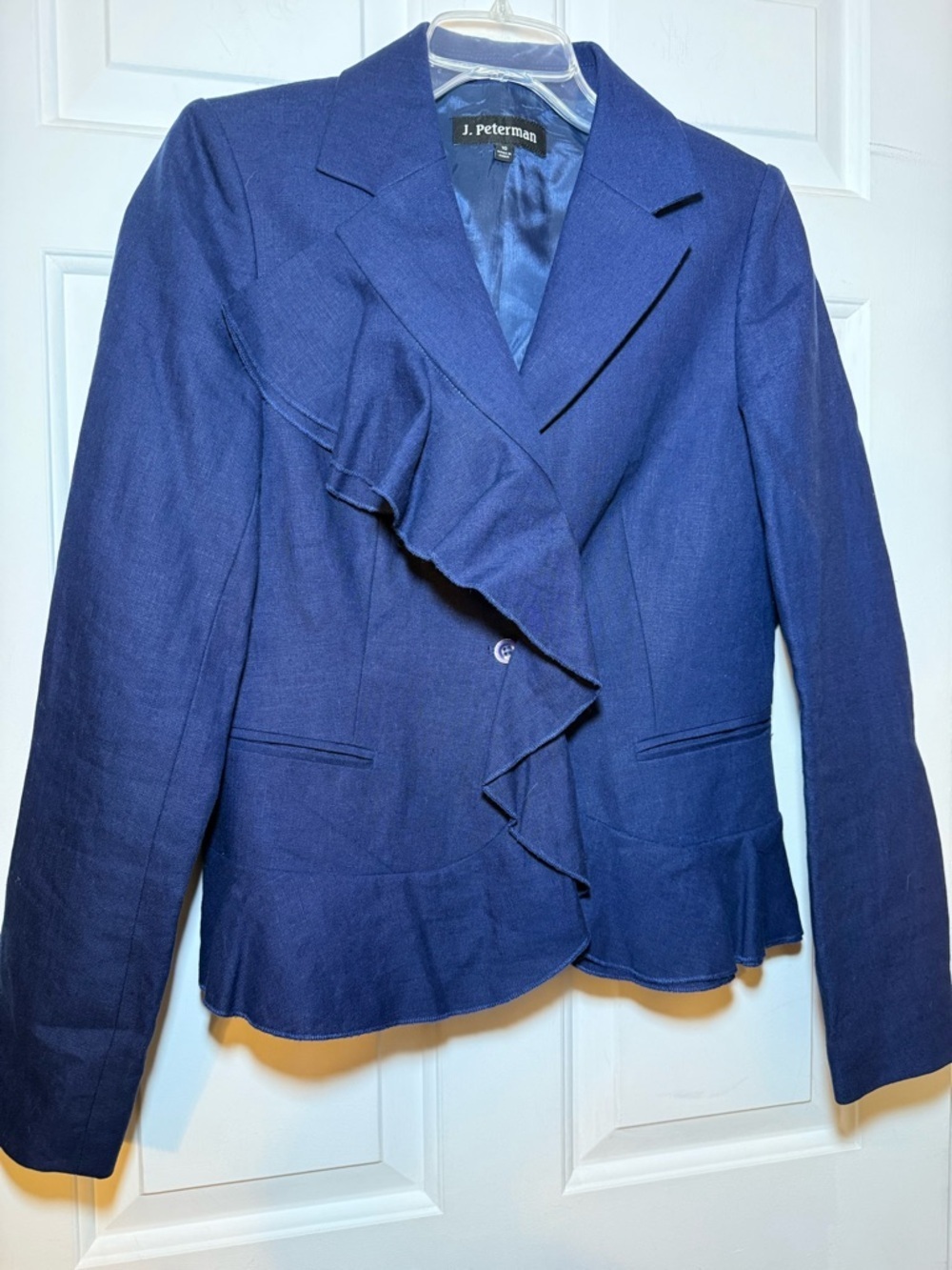 RARE J Peterman Navy Ruffle Linen Blazer Sz 10 Peplum Vintage Preppy Seinfeld!